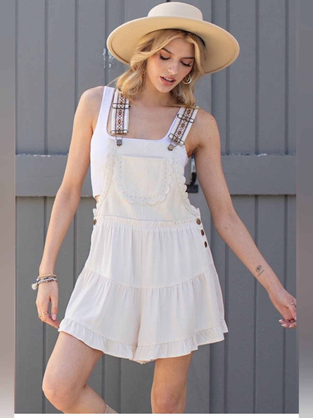 Eesome Lace Trim Tiered Cream Ruffle Overalls
